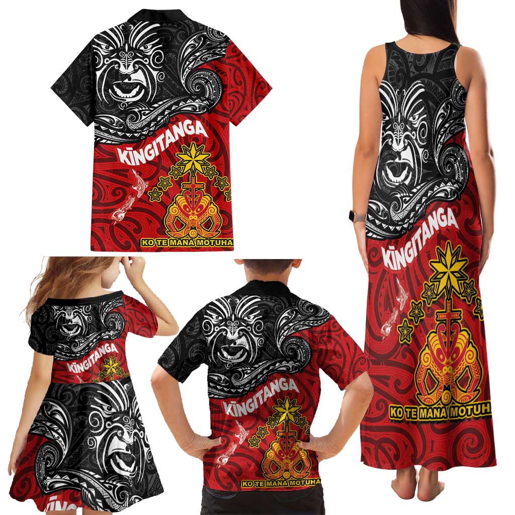 Maori King Movement Family Matching Tank Maxi Dress and Hawaiian Shirt Ko Te Mana Motuhake Emblem with Moko and Polynesian Art Tattoo LT03 - Polynesian Pride