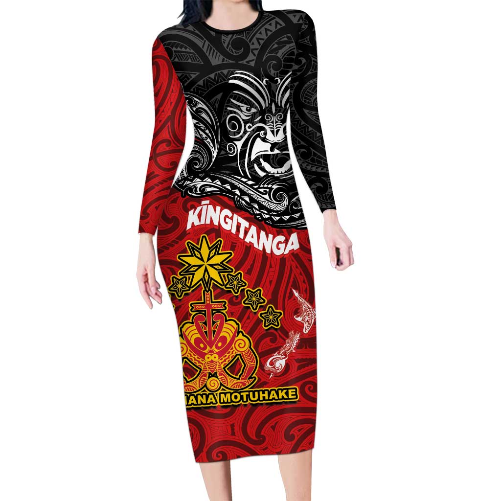 Maori King Movement Long Sleeve Bodycon Dress Ko Te Mana Motuhake Emblem with Moko and Polynesian Art Tattoo LT03 Long Dress Red - Polynesian Pride
