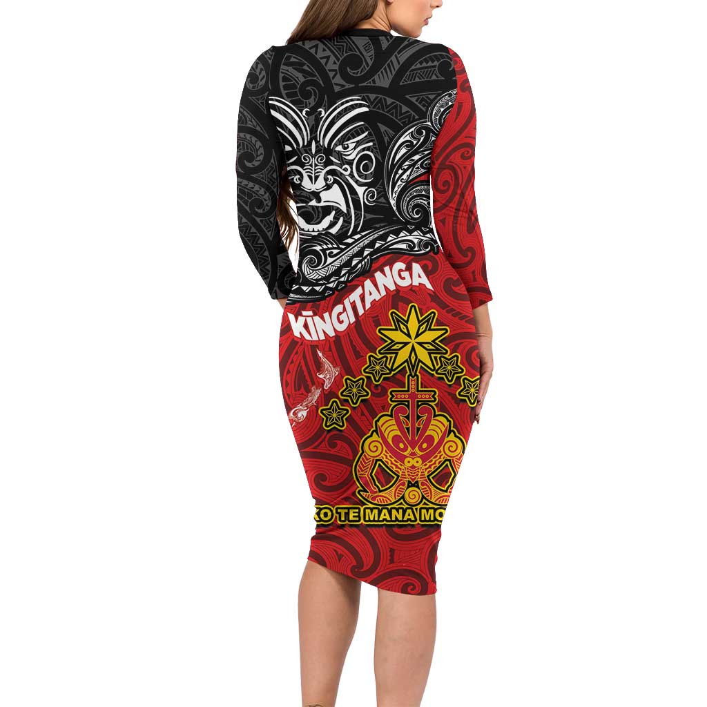 Maori King Movement Long Sleeve Bodycon Dress Ko Te Mana Motuhake Emblem with Moko and Polynesian Art Tattoo LT03 - Polynesian Pride