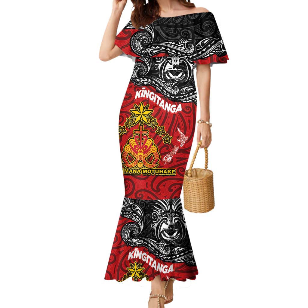 Maori King Movement Mermaid Dress Ko Te Mana Motuhake Emblem with Moko and Polynesian Art Tattoo LT03 Women Red - Polynesian Pride
