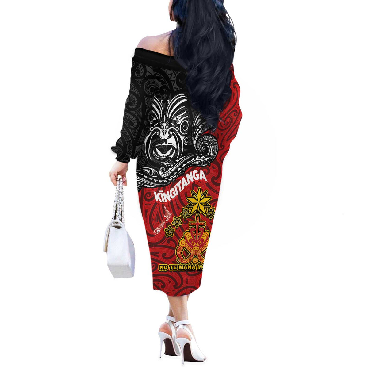 Maori King Movement Off The Shoulder Long Sleeve Dress Ko Te Mana Motuhake Emblem with Moko and Polynesian Art Tattoo LT03 - Polynesian Pride