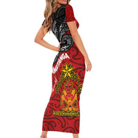 Maori King Movement Short Sleeve Bodycon Dress Ko Te Mana Motuhake Emblem with Moko and Polynesian Art Tattoo LT03 - Polynesian Pride