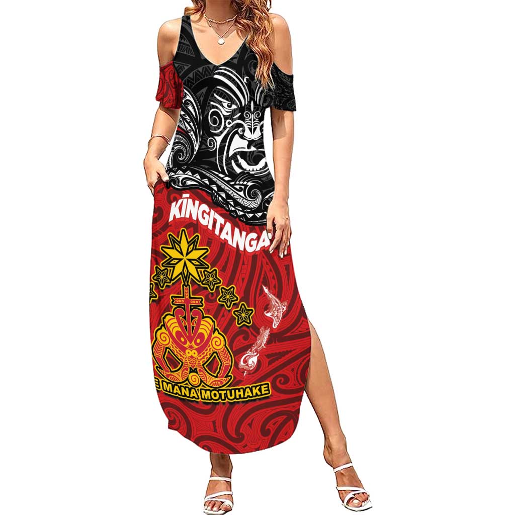 Maori King Movement Summer Maxi Dress Ko Te Mana Motuhake Emblem with Moko and Polynesian Art Tattoo LT03 Women Red - Polynesian Pride