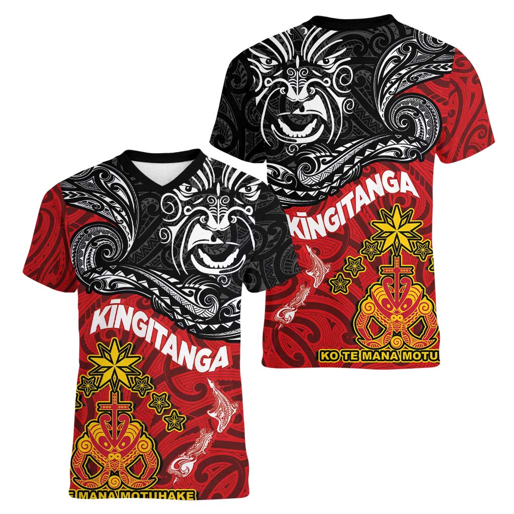 The Kingitanga - Maori King Movement Women V-Neck T-Shirt Ko Te Mana Motuhake Emblem with Moko and Polynesian Art Tattoo