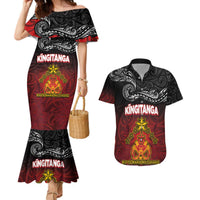 Personalised Maori King Movement Couples Matching Mermaid Dress and Hawaiian Shirt Ko Te Mana Motuhake Emblem with Silver Ferns and Polynesian Art Tattoo LT03 Red - Polynesian Pride