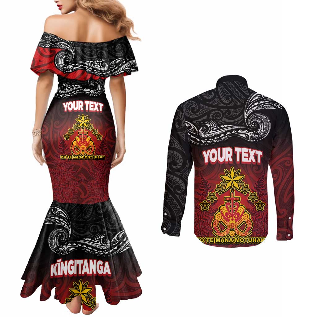 Personalised The Kingitanga - Maori King Movement Couples Matching Mermaid Dress and Long Sleeve Button Shirt Ko Te Mana Motuhake Emblem with Silver Ferns and Polynesian Art Tattoo