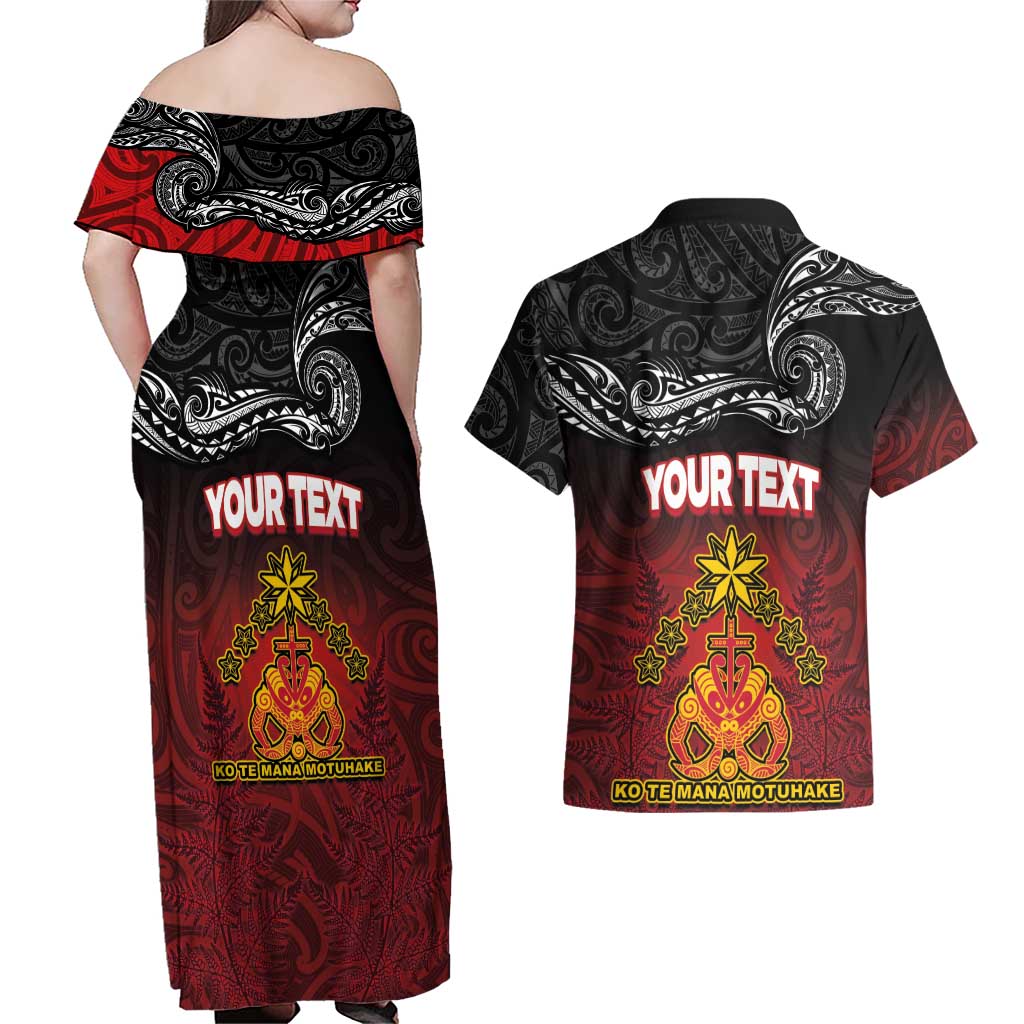 Personalised Maori King Movement Couples Matching Off Shoulder Maxi Dress and Hawaiian Shirt Ko Te Mana Motuhake Emblem with Silver Ferns and Polynesian Art Tattoo LT03 - Polynesian Pride