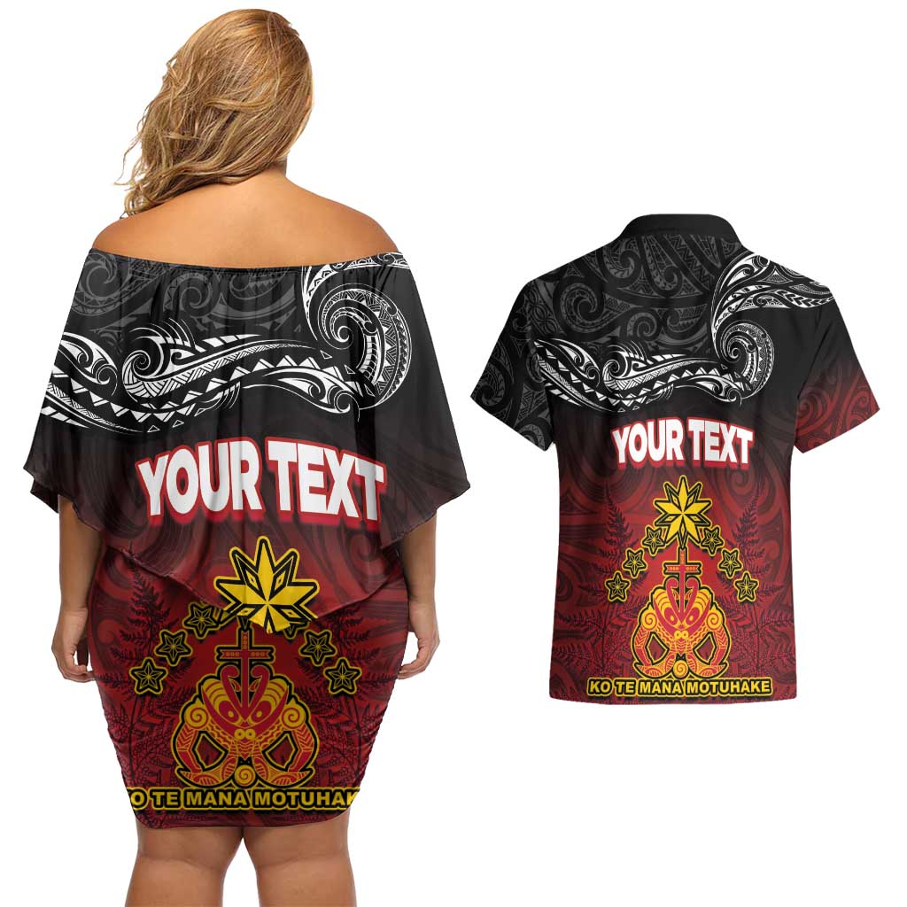 Personalised Maori King Movement Couples Matching Off Shoulder Short Dress and Hawaiian Shirt Ko Te Mana Motuhake Emblem with Silver Ferns and Polynesian Art Tattoo LT03 - Polynesian Pride