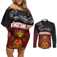 Personalised The Kingitanga - Maori King Movement Couples Matching Off Shoulder Short Dress and Long Sleeve Button Shirt Ko Te Mana Motuhake Emblem with Silver Ferns and Polynesian Art Tattoo