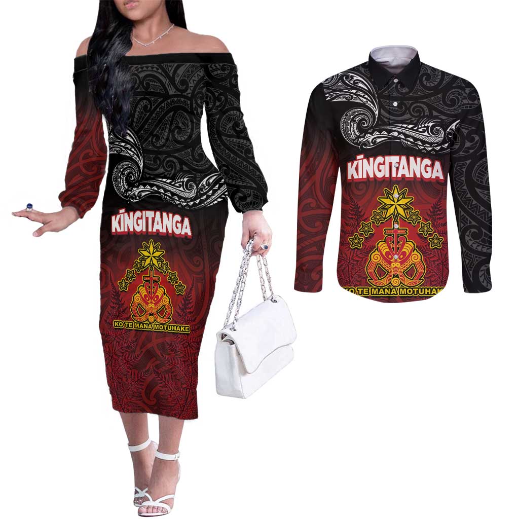 Personalised The Kingitanga - Maori King Movement Couples Matching Off The Shoulder Long Sleeve Dress and Long Sleeve Button Shirt Ko Te Mana Motuhake Emblem with Silver Ferns and Polynesian Art Tattoo
