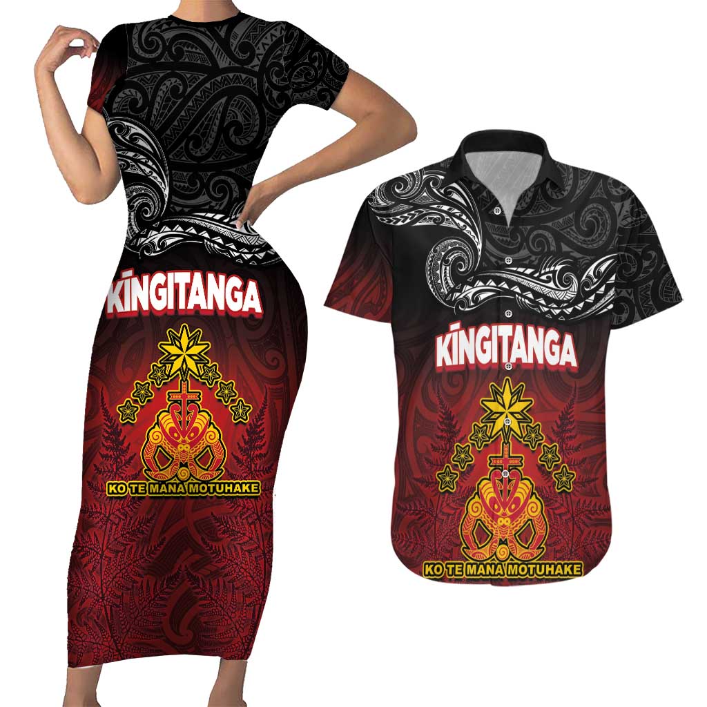Personalised Maori King Movement Couples Matching Short Sleeve Bodycon Dress and Hawaiian Shirt Ko Te Mana Motuhake Emblem with Silver Ferns and Polynesian Art Tattoo LT03 Red - Polynesian Pride