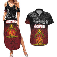 Personalised Maori King Movement Couples Matching Summer Maxi Dress and Hawaiian Shirt Ko Te Mana Motuhake Emblem with Silver Ferns and Polynesian Art Tattoo LT03 Red - Polynesian Pride