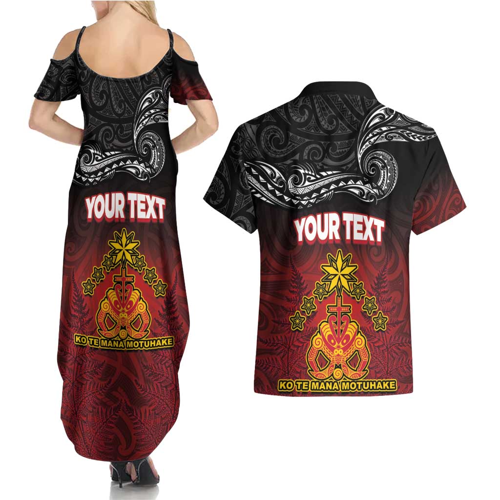 Personalised Maori King Movement Couples Matching Summer Maxi Dress and Hawaiian Shirt Ko Te Mana Motuhake Emblem with Silver Ferns and Polynesian Art Tattoo LT03 - Polynesian Pride