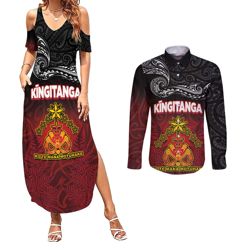 Personalised The Kingitanga - Maori King Movement Couples Matching Summer Maxi Dress and Long Sleeve Button Shirt Ko Te Mana Motuhake Emblem with Silver Ferns and Polynesian Art Tattoo