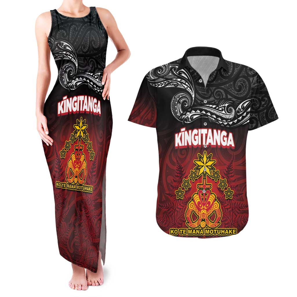 Personalised Maori King Movement Couples Matching Tank Maxi Dress and Hawaiian Shirt Ko Te Mana Motuhake Emblem with Silver Ferns and Polynesian Art Tattoo LT03 Red - Polynesian Pride