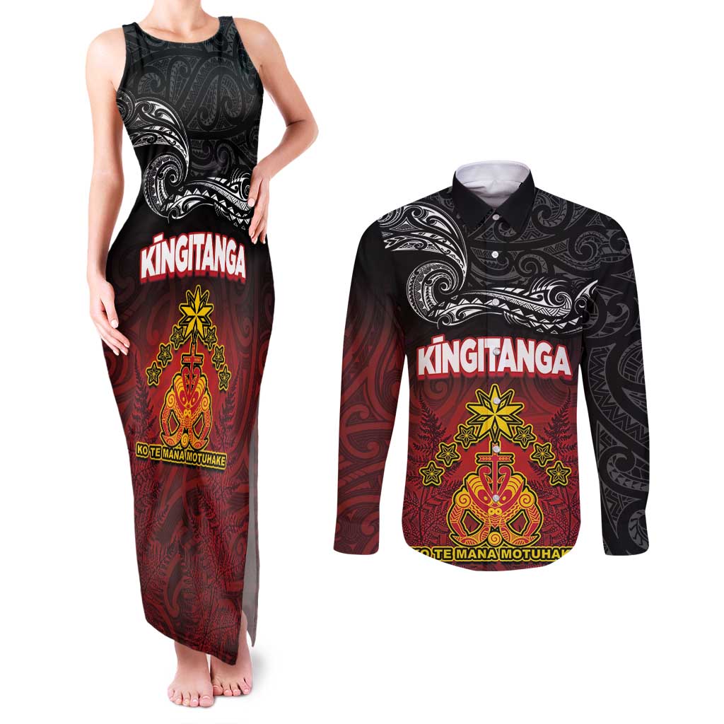 Personalised The Kingitanga - Maori King Movement Couples Matching Tank Maxi Dress and Long Sleeve Button Shirt Ko Te Mana Motuhake Emblem with Silver Ferns and Polynesian Art Tattoo