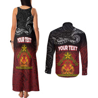 Personalised The Kingitanga - Maori King Movement Couples Matching Tank Maxi Dress and Long Sleeve Button Shirt Ko Te Mana Motuhake Emblem with Silver Ferns and Polynesian Art Tattoo