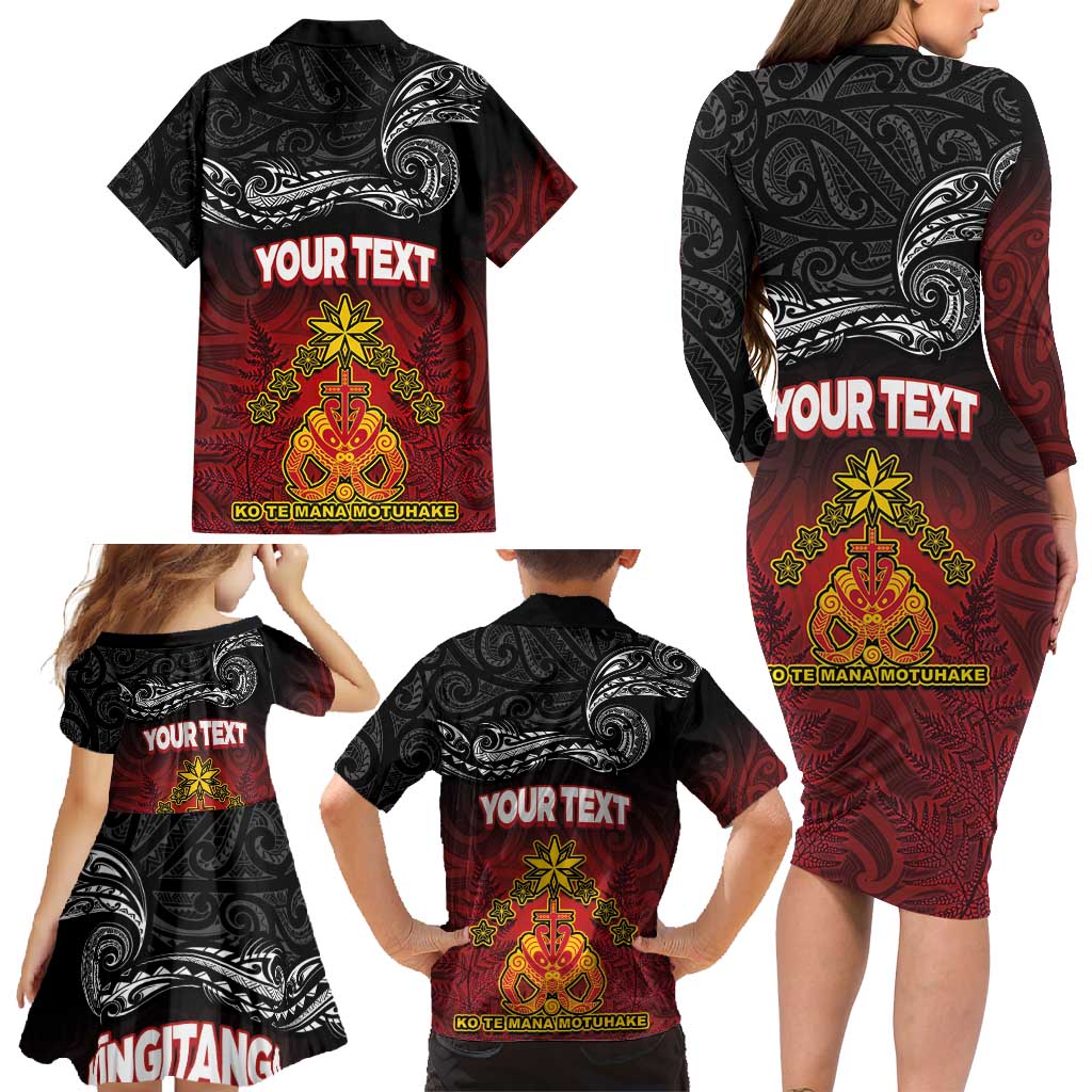 Personalised Maori King Movement Family Matching Long Sleeve Bodycon Dress and Hawaiian Shirt Ko Te Mana Motuhake Emblem with Silver Ferns and Polynesian Art Tattoo LT03 - Polynesian Pride