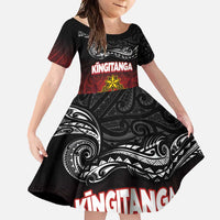 Personalised Maori King Movement Family Matching Mermaid Dress and Hawaiian Shirt Ko Te Mana Motuhake Emblem with Silver Ferns and Polynesian Art Tattoo LT03 Daughter's Dress Red - Polynesian Pride