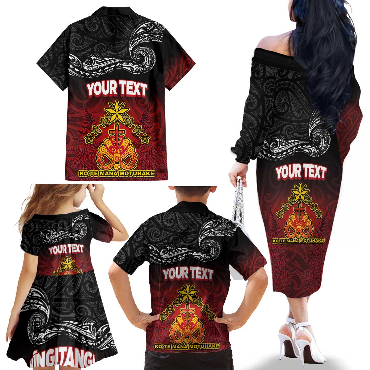Personalised Maori King Movement Family Matching Off The Shoulder Long Sleeve Dress and Hawaiian Shirt Ko Te Mana Motuhake Emblem with Silver Ferns and Polynesian Art Tattoo LT03 - Polynesian Pride
