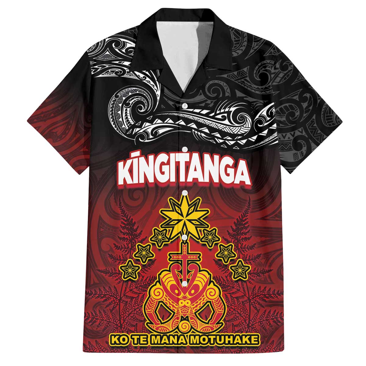 Personalised Maori King Movement Family Matching Off The Shoulder Long Sleeve Dress and Hawaiian Shirt Ko Te Mana Motuhake Emblem with Silver Ferns and Polynesian Art Tattoo LT03 Dad's Shirt - Short Sleeve Red - Polynesian Pride