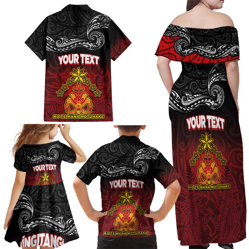 Personalised Maori King Movement Family Matching Off Shoulder Maxi Dress and Hawaiian Shirt Ko Te Mana Motuhake Emblem with Silver Ferns and Polynesian Art Tattoo LT03 - Polynesian Pride