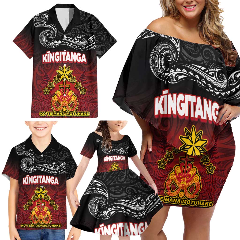 Personalised Maori King Movement Family Matching Off Shoulder Short Dress and Hawaiian Shirt Ko Te Mana Motuhake Emblem with Silver Ferns and Polynesian Art Tattoo LT03 - Polynesian Pride