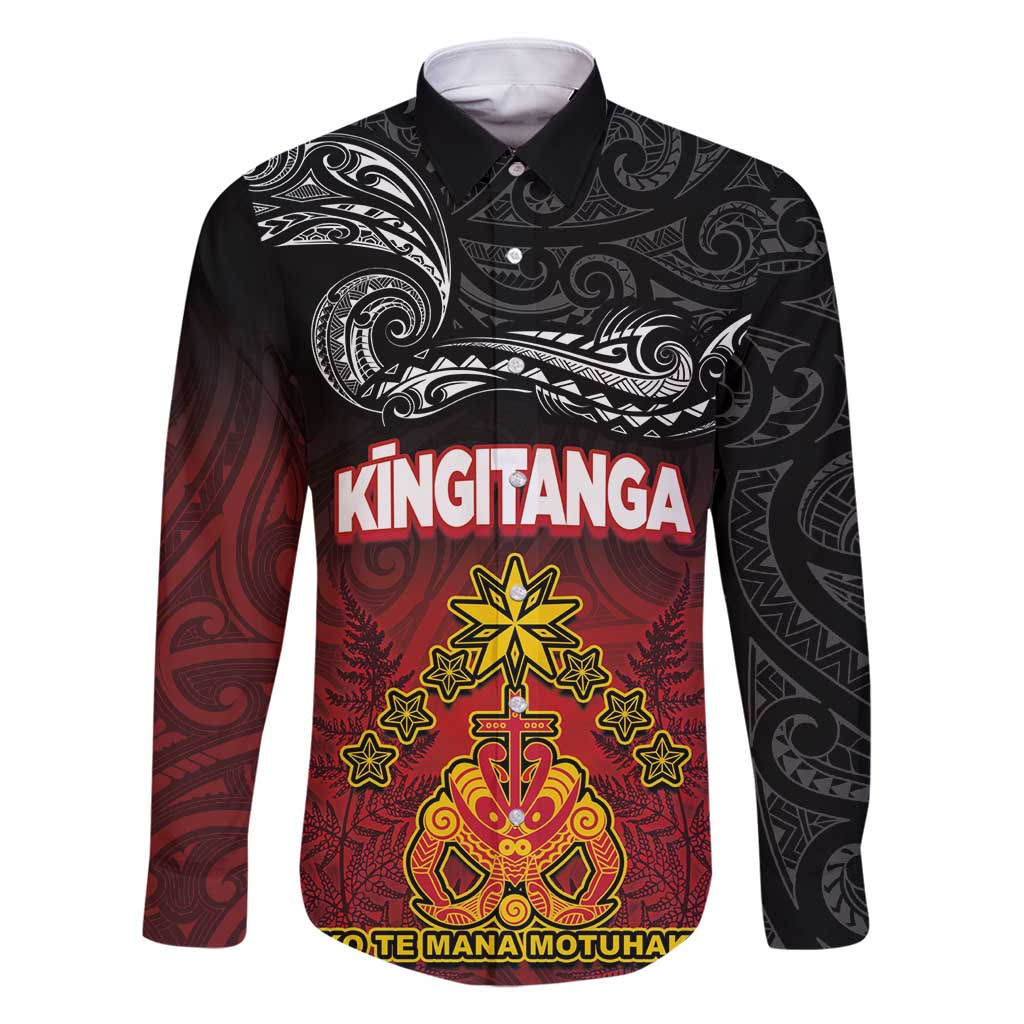 Personalised Maori King Movement Family Matching Off Shoulder Short Dress and Hawaiian Shirt Ko Te Mana Motuhake Emblem with Silver Ferns and Polynesian Art Tattoo LT03 Dad's Shirt - Long Sleeve Red - Polynesian Pride