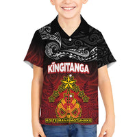 Personalised Maori King Movement Family Matching Off Shoulder Short Dress and Hawaiian Shirt Ko Te Mana Motuhake Emblem with Silver Ferns and Polynesian Art Tattoo LT03 Son's Shirt Red - Polynesian Pride