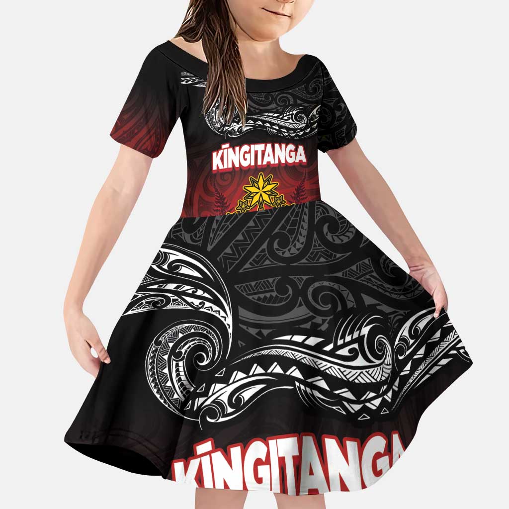 Personalised Maori King Movement Family Matching Puletasi and Hawaiian Shirt Ko Te Mana Motuhake Emblem with Silver Ferns and Polynesian Art Tattoo LT03 Daughter's Dress Red - Polynesian Pride