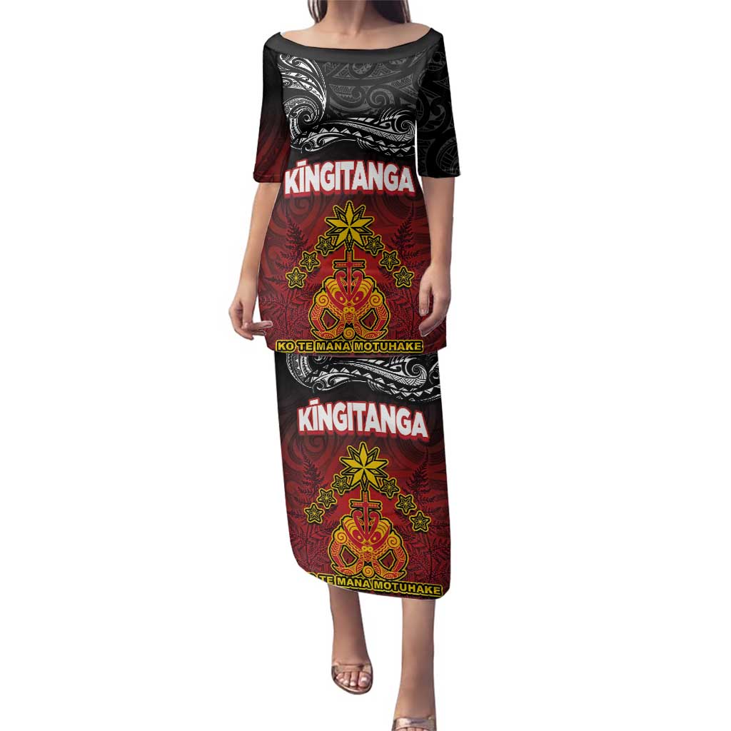 Personalised Maori King Movement Family Matching Puletasi and Hawaiian Shirt Ko Te Mana Motuhake Emblem with Silver Ferns and Polynesian Art Tattoo LT03 Mom's Dress Red - Polynesian Pride
