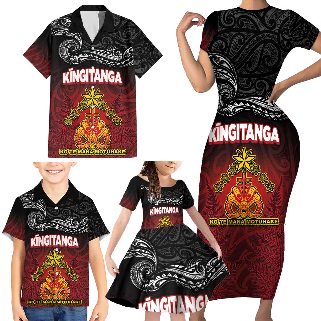 Personalised Maori King Movement Family Matching Short Sleeve Bodycon Dress and Hawaiian Shirt Ko Te Mana Motuhake Emblem with Silver Ferns and Polynesian Art Tattoo LT03 - Polynesian Pride