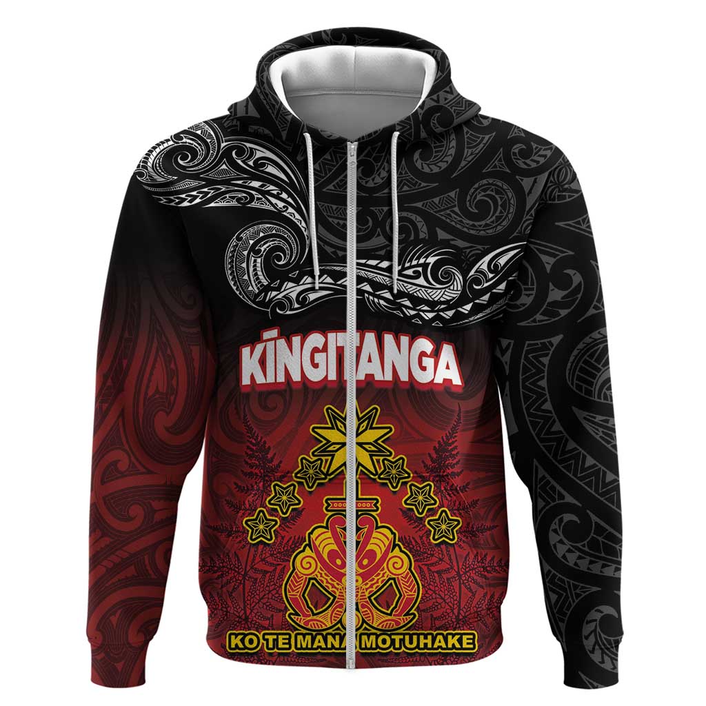 Personalised Maori King Movement Hoodie Ko Te Mana Motuhake Emblem with Silver Ferns and Polynesian Art Tattoo LT03 Zip Hoodie Red - Polynesian Pride