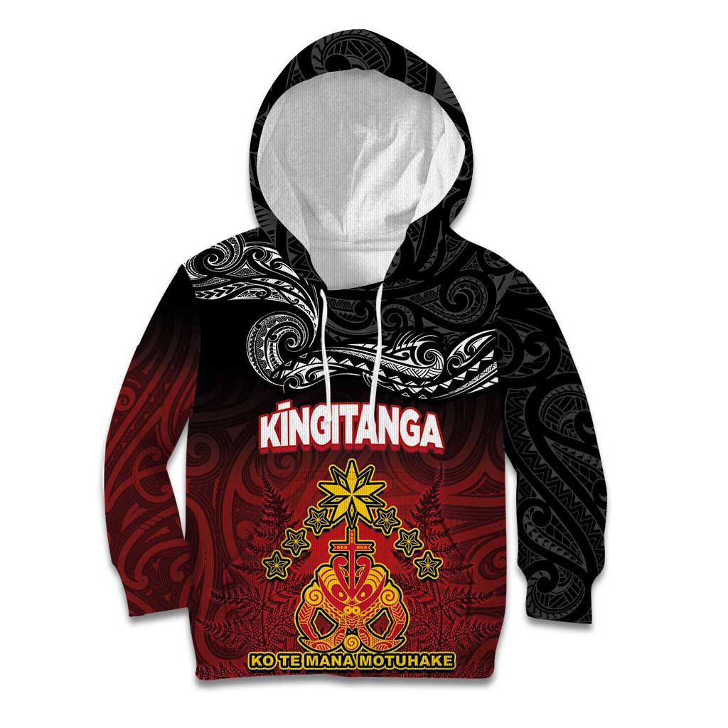 Personalised Maori King Movement Kid Hoodie Ko Te Mana Motuhake Emblem with Silver Ferns and Polynesian Art Tattoo LT03 Hoodie Red - Polynesian Pride
