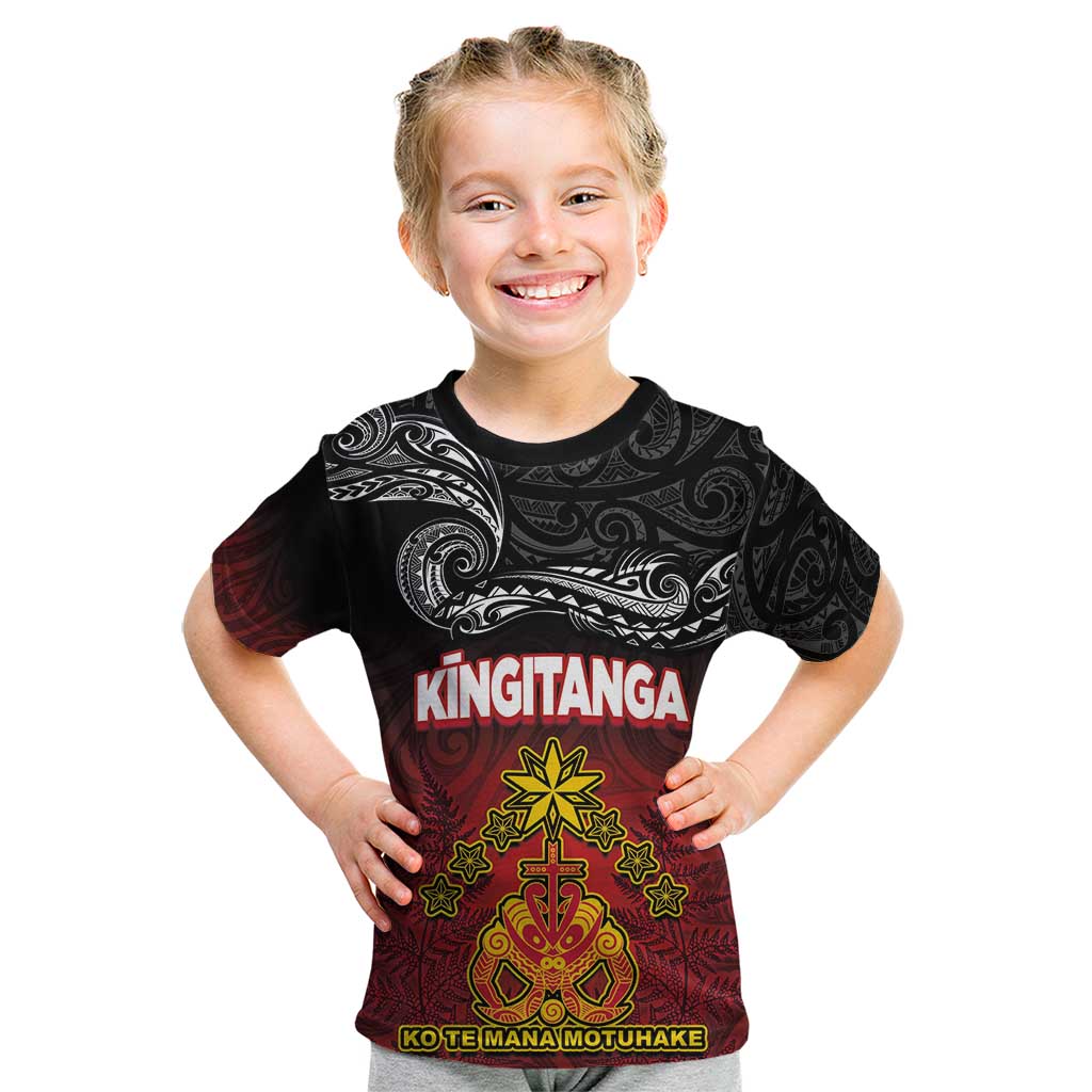 Personalised The Kingitanga - Maori King Movement Kid T Shirt Ko Te Mana Motuhake Emblem with Silver Ferns and Polynesian Art Tattoo