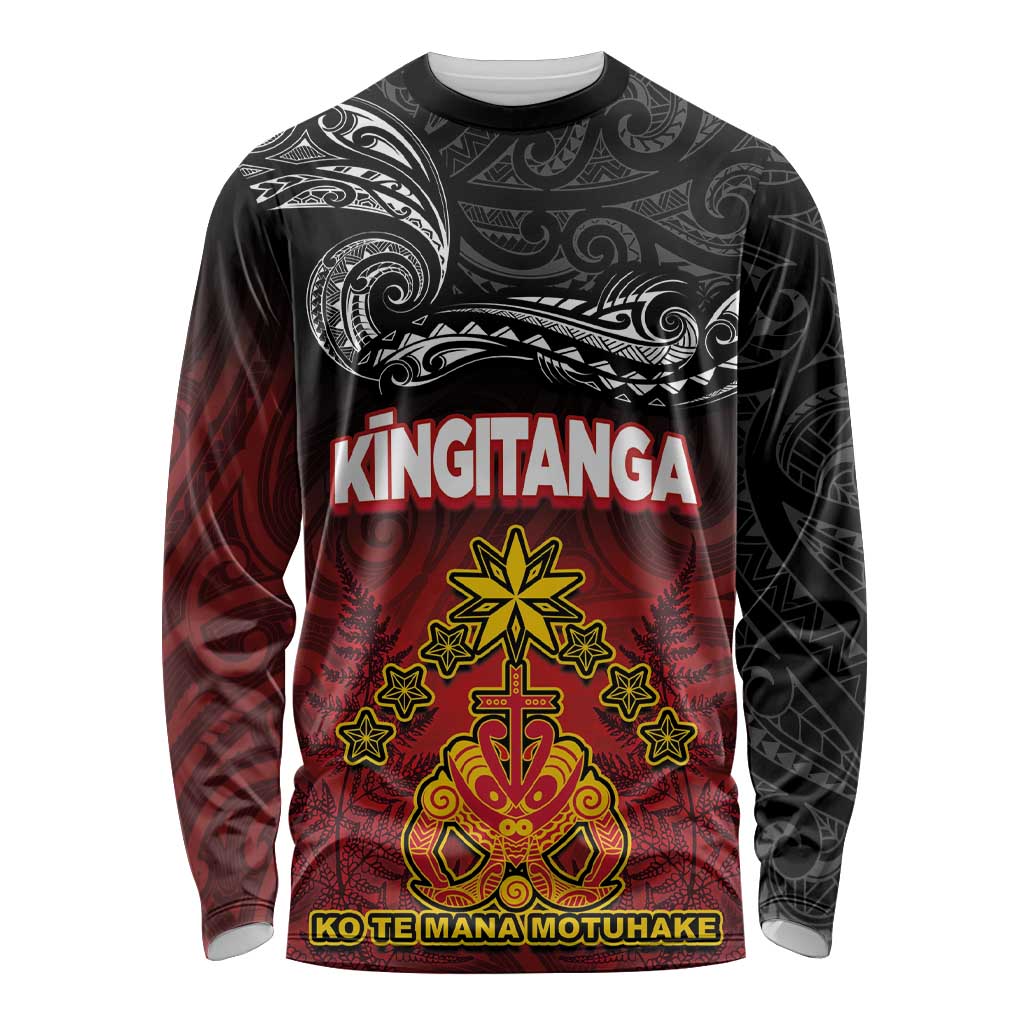 Personalised Maori King Movement Long Sleeve Shirt Ko Te Mana Motuhake Emblem with Silver Ferns and Polynesian Art Tattoo LT03 Unisex Red - Polynesian Pride