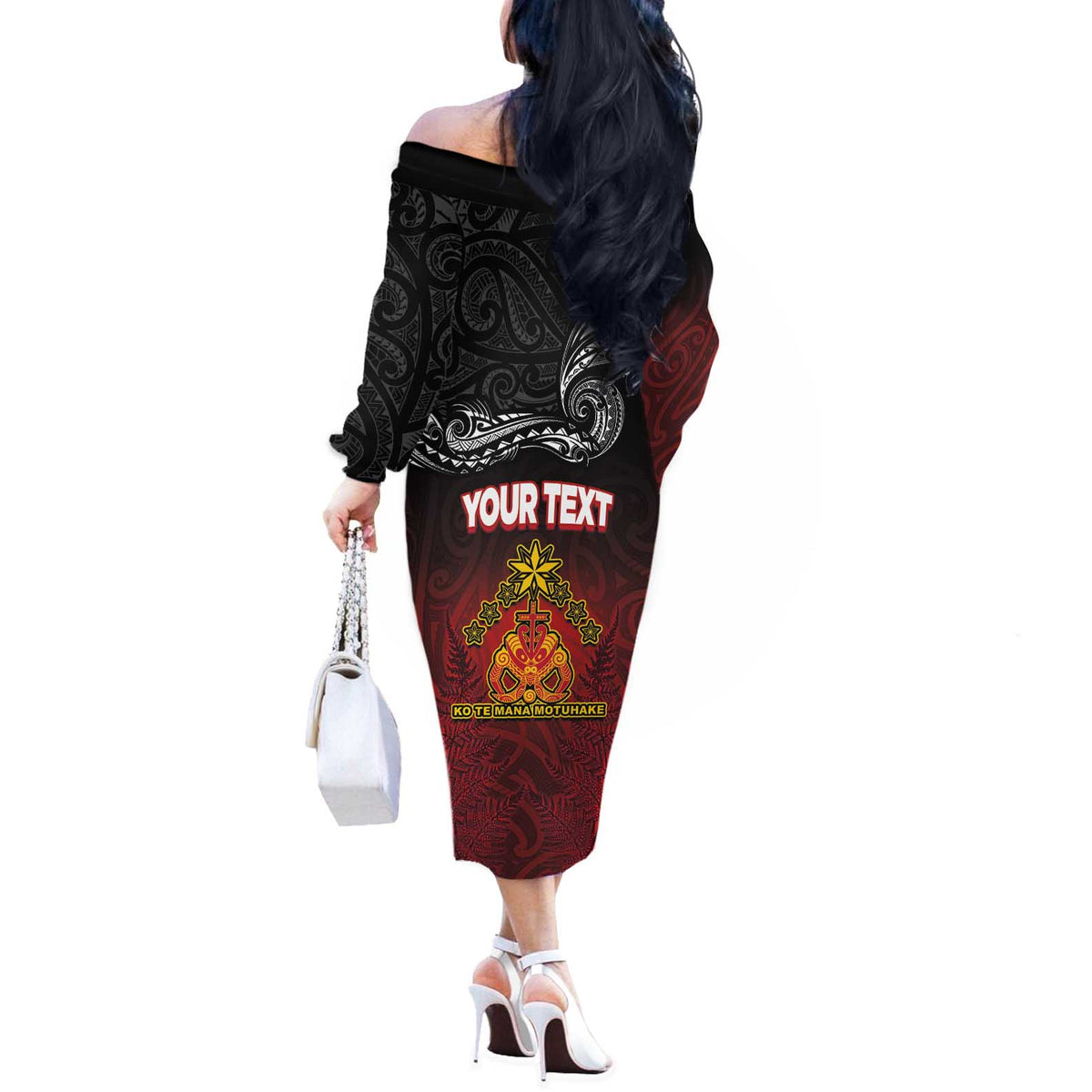 Personalised Maori King Movement Off The Shoulder Long Sleeve Dress Ko Te Mana Motuhake Emblem with Silver Ferns and Polynesian Art Tattoo LT03 - Polynesian Pride