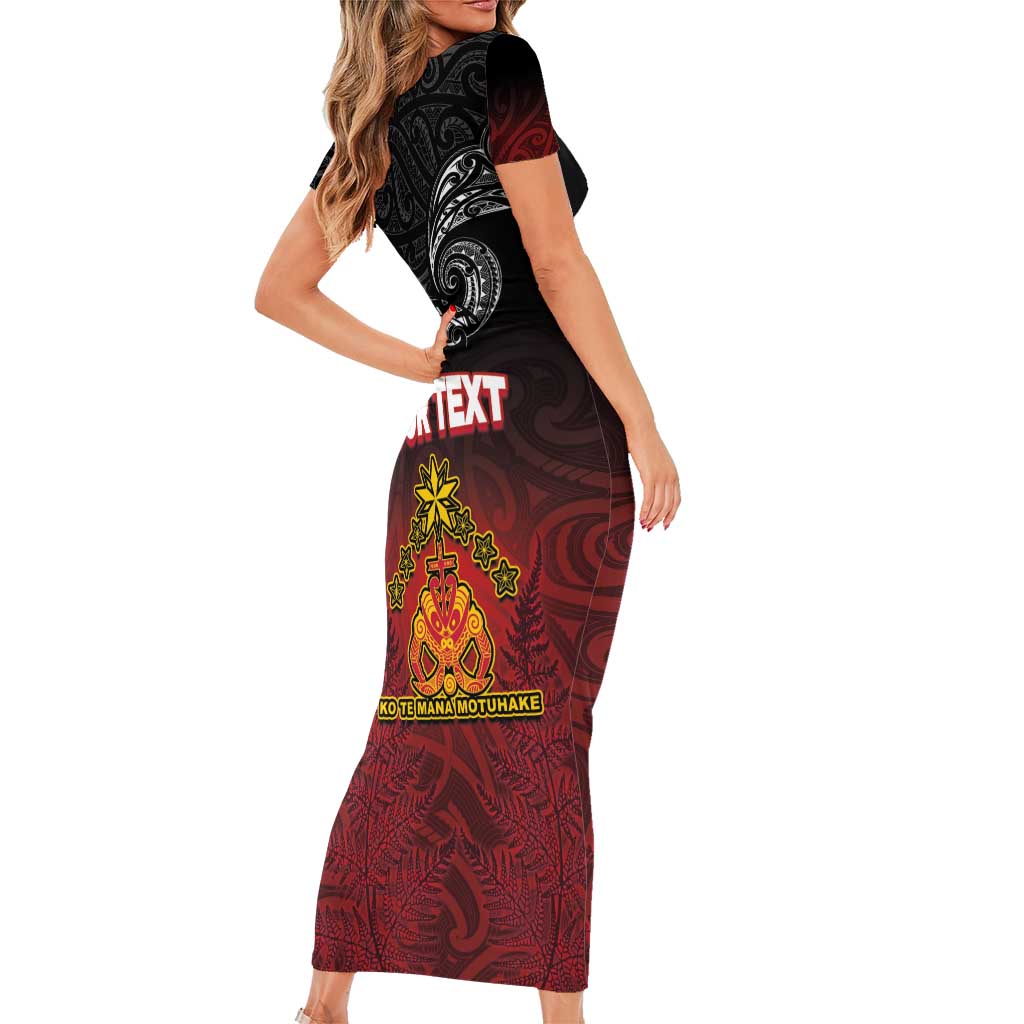 Personalised Maori King Movement Short Sleeve Bodycon Dress Ko Te Mana Motuhake Emblem with Silver Ferns and Polynesian Art Tattoo LT03 - Polynesian Pride
