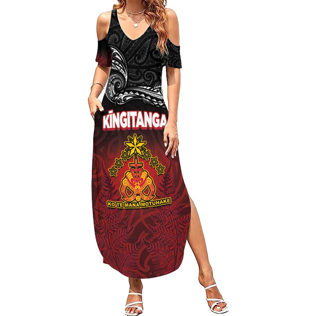 Personalised Maori King Movement Summer Maxi Dress Ko Te Mana Motuhake Emblem with Silver Ferns and Polynesian Art Tattoo LT03 Women Red - Polynesian Pride