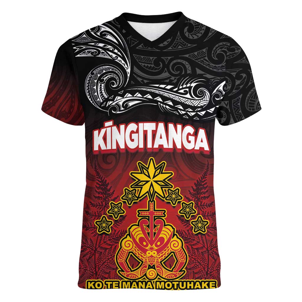 Personalised The Kingitanga - Maori King Movement Women V-Neck T-Shirt Ko Te Mana Motuhake Emblem with Silver Ferns and Polynesian Art Tattoo
