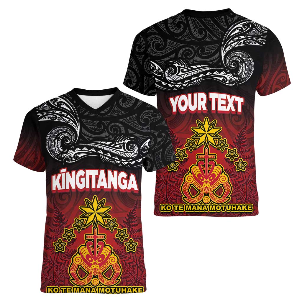 Personalised The Kingitanga - Maori King Movement Women V-Neck T-Shirt Ko Te Mana Motuhake Emblem with Silver Ferns and Polynesian Art Tattoo