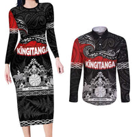 Personalised Maori King Movement Couples Matching Long Sleeve Bodycon Dress and Long Sleeve Button Shirt Te Paki-o-Matariki with Silver Ferns and Polynesian Art Tattoo LT03 Red - Polynesian Pride