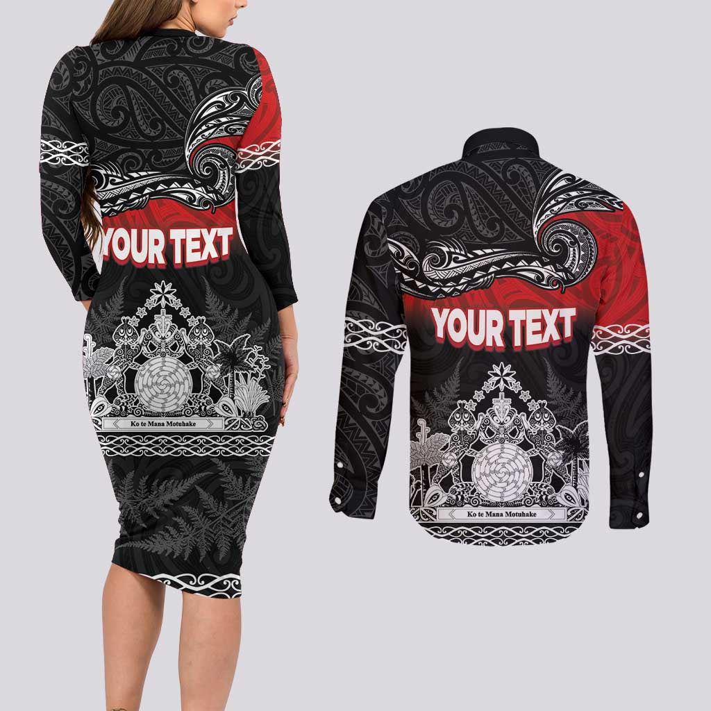 Personalised Maori King Movement Couples Matching Long Sleeve Bodycon Dress and Long Sleeve Button Shirt Te Paki-o-Matariki with Silver Ferns and Polynesian Art Tattoo LT03 - Polynesian Pride