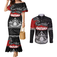 Personalised Maori King Movement Couples Matching Mermaid Dress and Long Sleeve Button Shirt Te Paki-o-Matariki with Silver Ferns and Polynesian Art Tattoo LT03 Red - Polynesian Pride