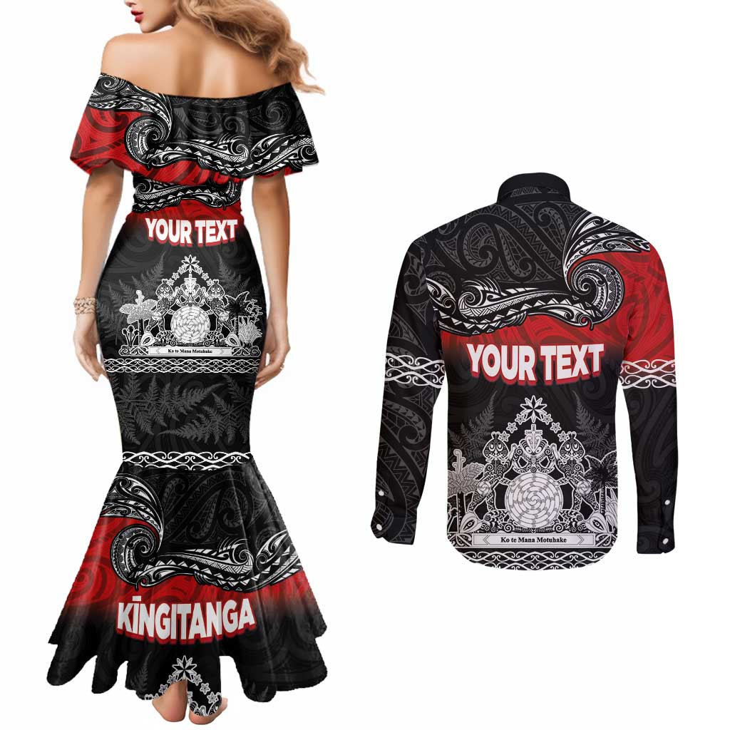 Personalised Maori King Movement Couples Matching Mermaid Dress and Long Sleeve Button Shirt Te Paki-o-Matariki with Silver Ferns and Polynesian Art Tattoo LT03 - Polynesian Pride