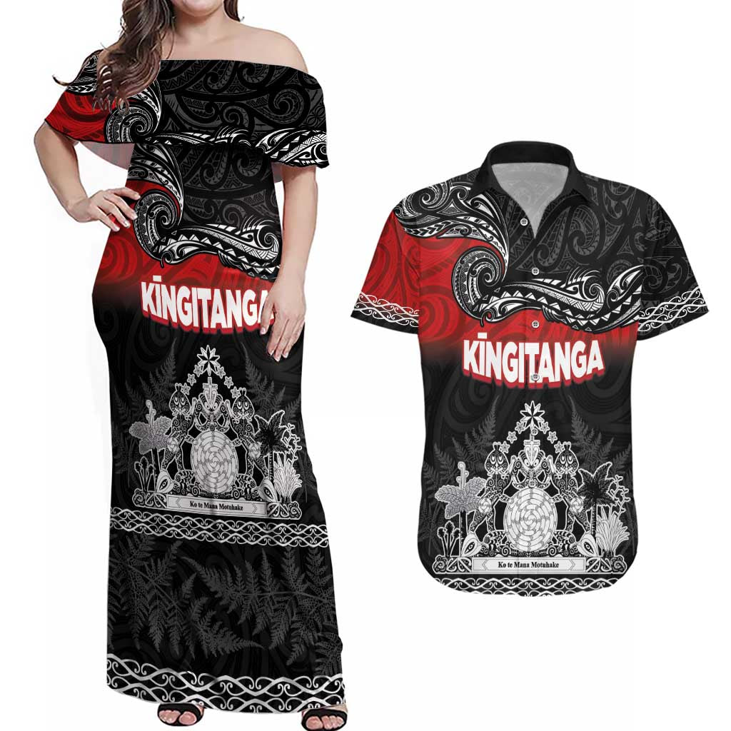 Personalised Maori King Movement Couples Matching Off Shoulder Maxi Dress and Hawaiian Shirt Te Paki-o-Matariki with Silver Ferns and Polynesian Art Tattoo LT03 Red - Polynesian Pride