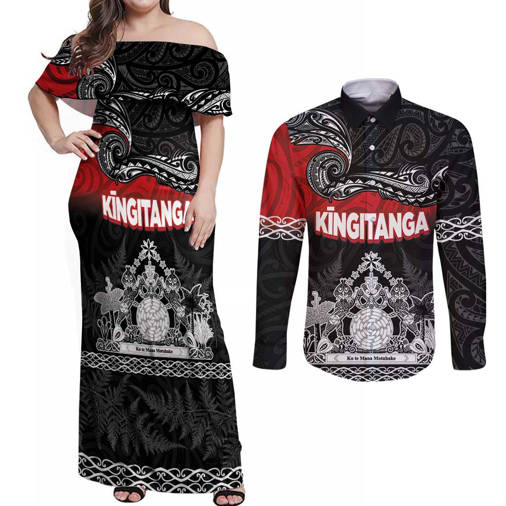Personalised Maori King Movement Couples Matching Off Shoulder Maxi Dress and Long Sleeve Button Shirt Te Paki-o-Matariki with Silver Ferns and Polynesian Art Tattoo LT03 Red - Polynesian Pride