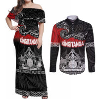 Personalised Maori King Movement Couples Matching Off Shoulder Maxi Dress and Long Sleeve Button Shirt Te Paki-o-Matariki with Silver Ferns and Polynesian Art Tattoo LT03 Red - Polynesian Pride
