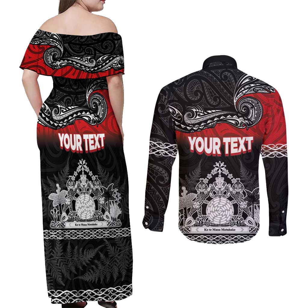 Personalised Maori King Movement Couples Matching Off Shoulder Maxi Dress and Long Sleeve Button Shirt Te Paki-o-Matariki with Silver Ferns and Polynesian Art Tattoo LT03 - Polynesian Pride