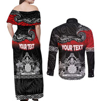 Personalised Maori King Movement Couples Matching Off Shoulder Maxi Dress and Long Sleeve Button Shirt Te Paki-o-Matariki with Silver Ferns and Polynesian Art Tattoo LT03 - Polynesian Pride